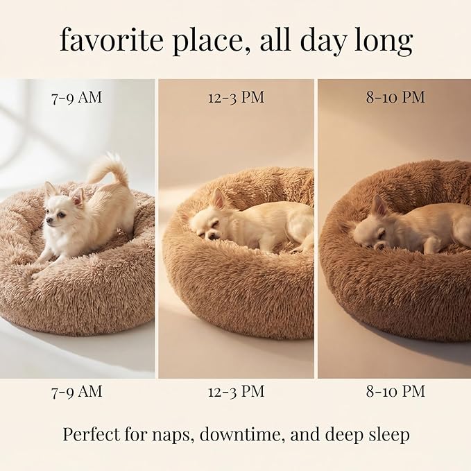Calming Donut Dogs Beds for Small Dogs Washable,19inch Fluffy Round Puppy Bed for Puppies,Cats & Toy Breeds with Raised Rim,Fits up to 15 lbs Pets,Camel