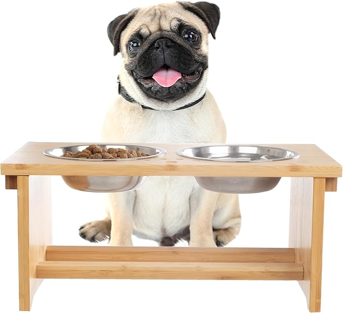 Elevated Dog Bowls with Stand - 7-Inch Nonslip Bamboo Dog Feeder with 2 Stainless-Steel Pet Bowls - Hold 20oz Each and Dishwasher Safe by PETMAKER