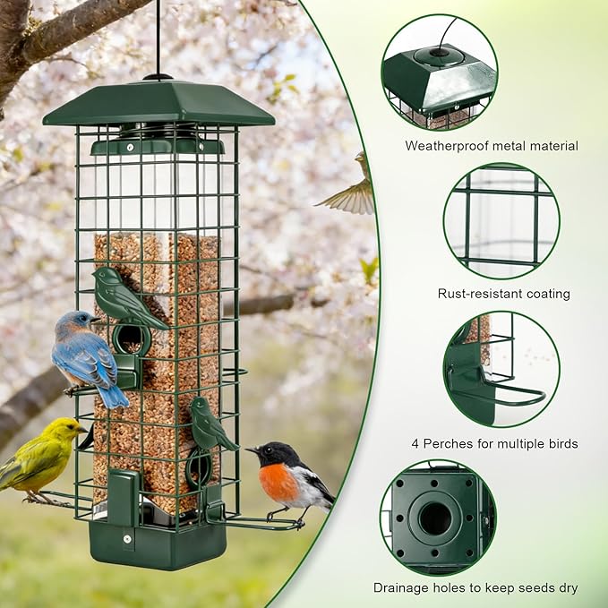 Gbekery Squirrel Proof Bird Feeder, Metal Mesh Feeders for Outdoors Hanging, Gravity Protection Wild Bird Feeders for Finch Chickadee, Weather Resistant, 3LB Large Capacity, Green