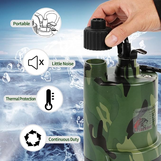 TIGEROAR 120V Submersible Pump 1/4 HP Water Transfer Pump 1800 GPH | Electric Pond Pool Pump Utility Pump with 10 ft. Cord Anticorrosive Plastic Housing and Hose Adapter for Transferring Water
