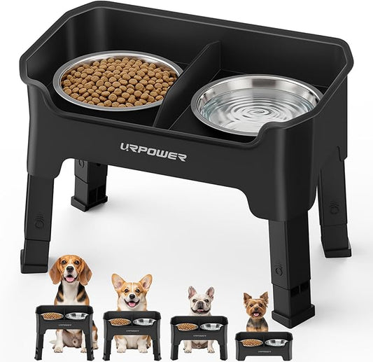 URPOWER Mess Proof Elevated Dog Bowls, High Wall Splash Guard Design, 4 Height Adjustable Raised Bowl Stand, 2 Stainless Steel Bowls, Non-Slip Food Water Set for Small, Medium Dogs