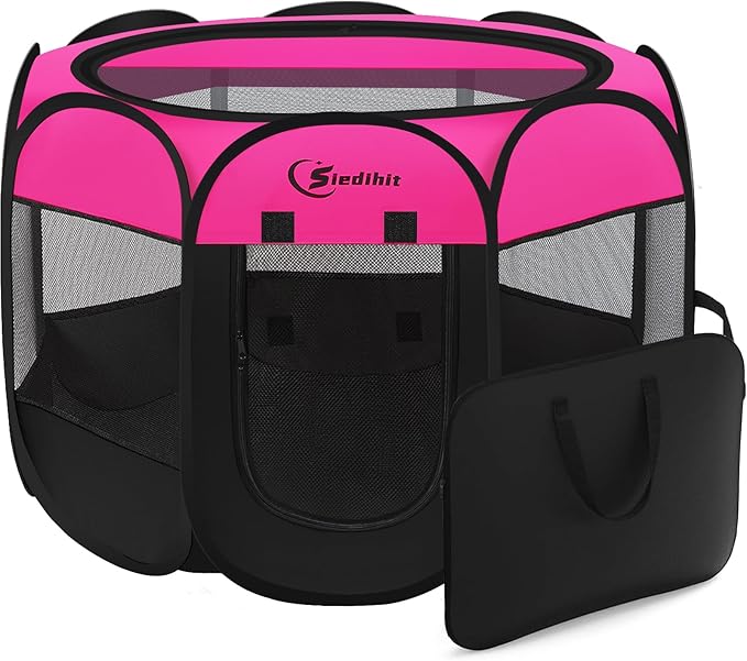 Siedihit Dog Cat Playpen, Large Puppy Pet Playpen, Dog Crate Tent Cage Indoor/Outdoor, Portable Pop Up Dogs Kennel Playpen with Carrying Case for Dogs/Cats/Rabbits, Hot Pink