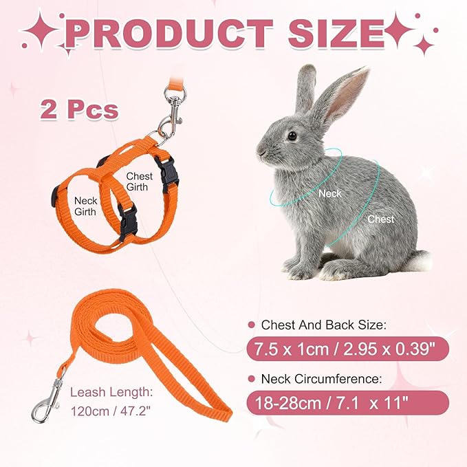 Rabbit Harness and Leash, Escape Proof Bunny Cat Leash Small Animal Harness Soft Adjustable Buckle(2Pcs, Orange) for Bunny Kitten Cats Puppies Walking Hiking Training