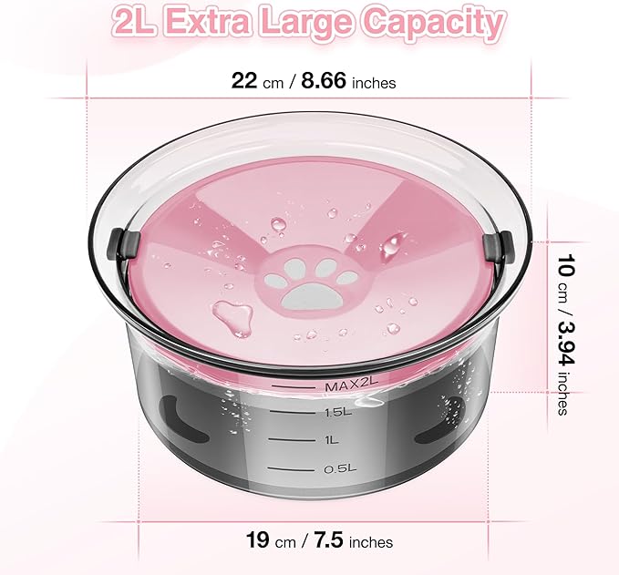 2L Dog Water Bowl No Spill, 70oz Large Spill Proof Dog Water Bowl Reduce Refill, Slow Drinking Water Bowl Anti Splash No Mess Pet Water Bowl for Vehicle/Outdoor/Indoor, Pink