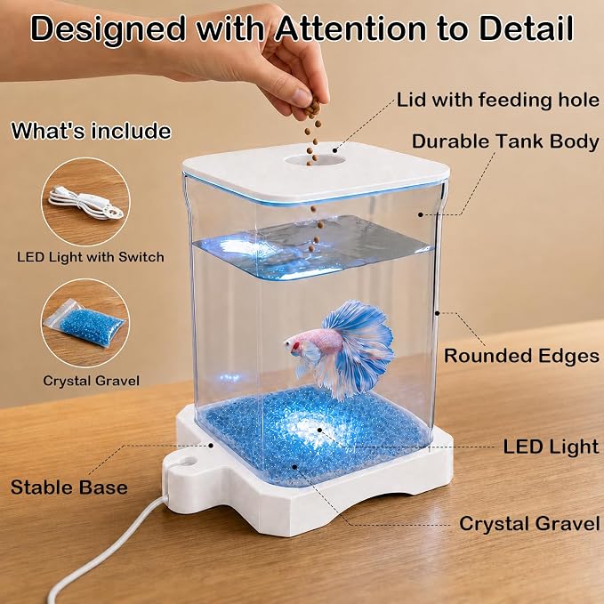 0.5 Gallon Betta Fish Tank Aquarium Starter Kit with Light and Lid(White) | Premium Acrylic Aquarium with Light and Lid, Crystal Clear Starter Kit for Betta Fish, Shrimp, Snails and Small Fish