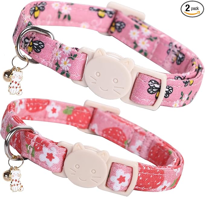 Elegant little tail 2 Pack Cat Collar-Pink Print Cotton Breakaway Cat Collars with Bell Pendant Kitten Boy Girl Safety Adjustable Collar for Small Cats Puppy