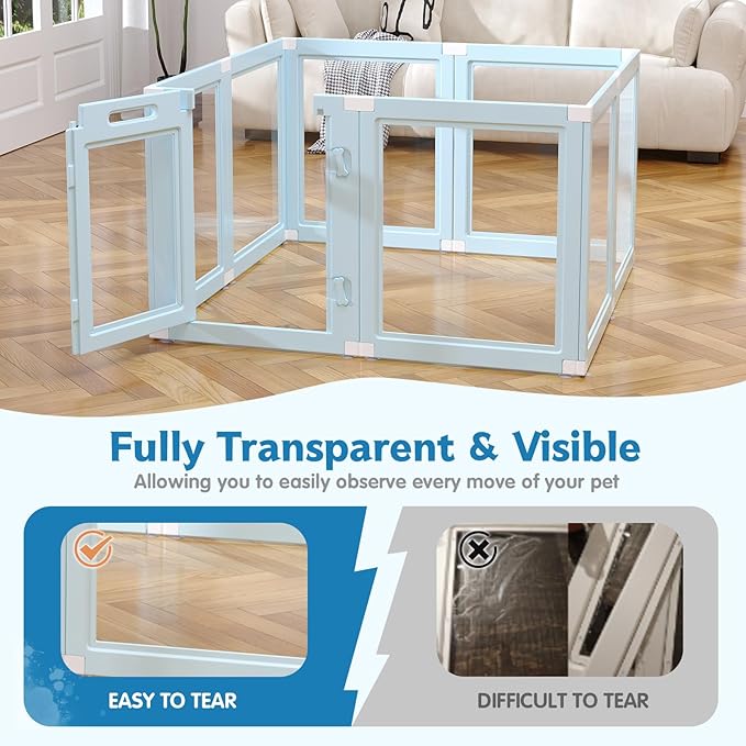 DIY Clear Acrylic Dog Playpen Indoor, Transparent Easy Cleansing Puppy Fence with Suction Cup, Easy-Assemble Indoor Whelping Crate for Small Puppies (23.6" H, 8PCS), Blue