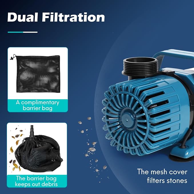 TONGCHANT 3200 GPH Pond Pump for Fish Pond Fountain & Waterfall, 18FT Lift | 150W Submersible Water Pump with 180° Rotatable Nozzle, Filter Bag & 20FT Cord, Ultra-Quiet Operation, UL listed