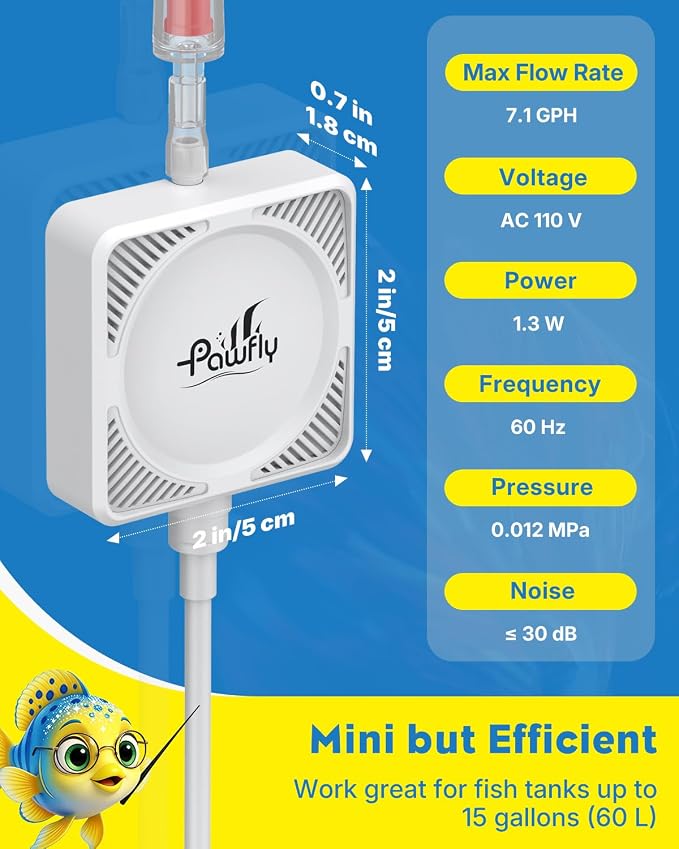 Pawfly 27 L/H Aquarium Air Pump, Compact Air Pump Suitable for 1–15 Gallon Fish Tanks | 1.3W Ultra Quiet Portable Fish Tank Oxygen Aerator Air Pump Kit with Mini Sponge Filter, Air Tubing, Air Stone, Check Valve