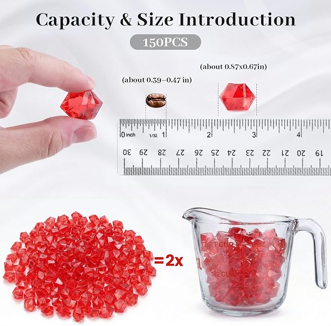 DOMESTAR Red Fake Ice Rocks, 150 PCS Acrylic Crystal for Vase Fillers | Fake Diamonds for Table Centerpieces Birthday Party Decor, Fish Tanks Decor Table Scatter DIY Craft Supplies