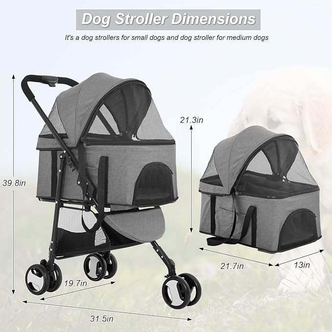 BestPet 3-Wheels Pet Stroller - Dog & Cat Premium 3-in-1 Multifunction Detachable Carrier Lightweight Folding Travel Stroller, Grey