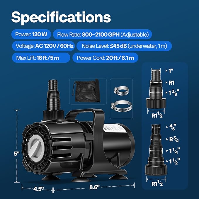VIVOHOME 120W Pond Pump, 800-2100GPH Adjustable Flow Submersible Water Pump | Stepless Flow Control, 16ft Max Lift, 180° Seamless Adjustable Nozzle, Barrier Pump Bag, 20ft Power Cord
