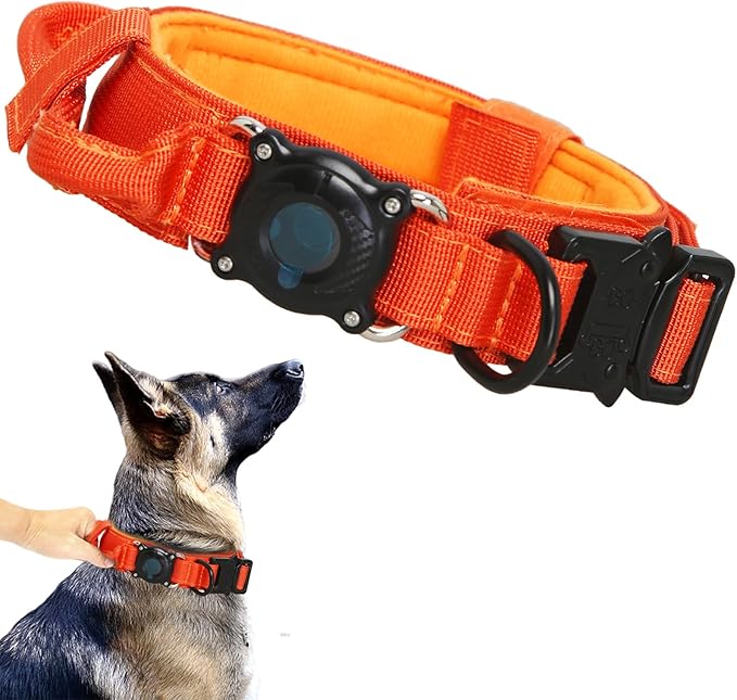 Upgraded AirTag Dog Collar,Waterproof Tactical Dog Collar with AirTag Holder, Control Handle and Metal Buckle,Heavy Duty Dog Collars for Large Dogs(Orange，XXL