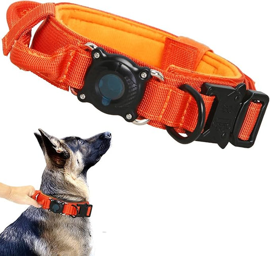 Upgraded AirTag Dog Collar,Waterproof Tactical Dog Collar with AirTag Holder, Control Handle and Metal Buckle,Heavy Duty Dog Collars for Large Dogs(Orange，XL