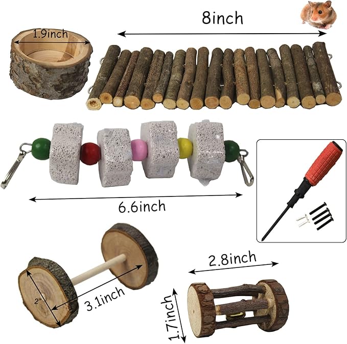 Hamiledyi Dwarf Hamster Activity Playground Natural Wood Gerbil Climbing Platform Mice Living Gym System Set Syrian Exercise Cage Accessories with Lava Stone String Chewing Toy Ladder Bridge Ramp