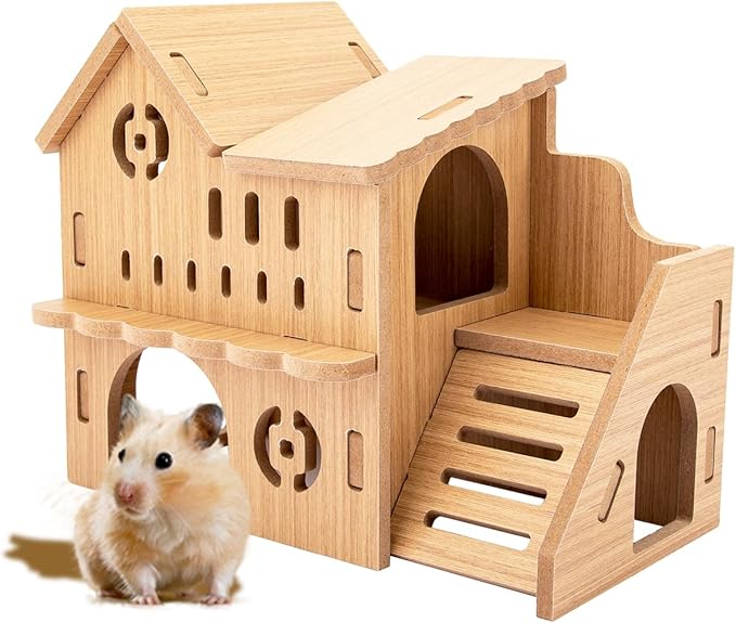 Natural Wood Hamster Habitat Hideout Cage Accessories, Maze Cabin with Fun Slide & Double-Decker House, Exercise Toys for Dwarf Hamsters, Gerbils, Mice, Other Small Animals(Only for Small Hamster B)