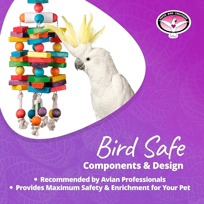 Super Bird Creations - SB478 XL 4 Way Play Bird Toy - Colorful Wooden Blocks, Ringing Bell, and Bird Swing - Perfect Chew Toys for Macaws Parrots & Amazons - Ideal for Large to Extra Large Birds