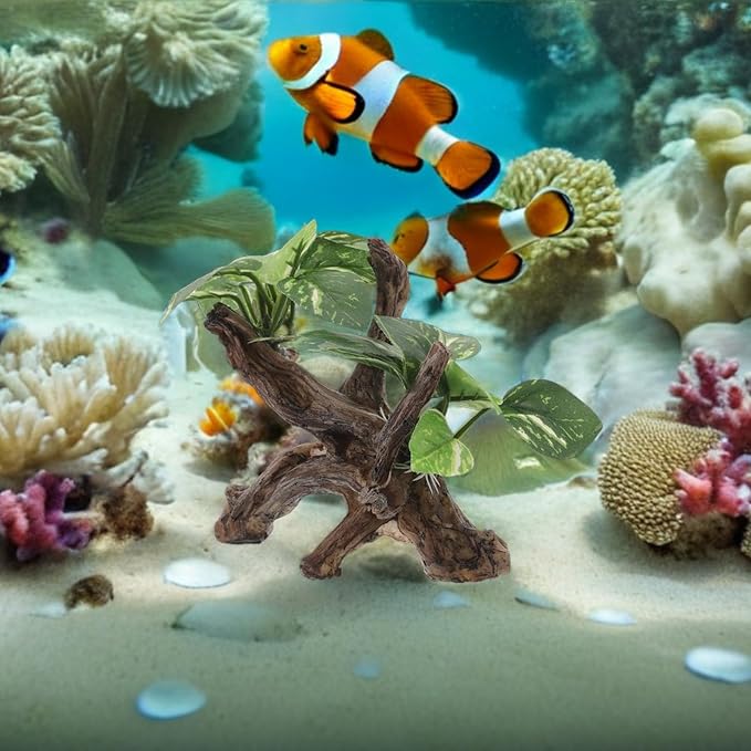 Driftwood Cave Aquarium Decor, Artificial Fish Tank Driftwood Decoration Fake Plant Tree Decorations Realistic Cave Cloth Leaf Plants for Fish Tanks Aquatic Landscapes Ornaments 6. 68x4. 32x3. 93in