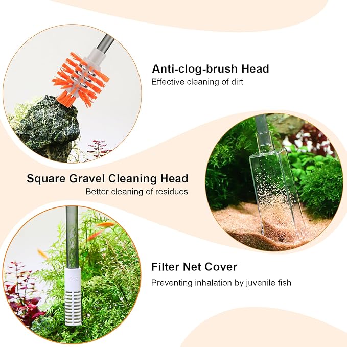 AQQA Aquarium Siphon Vacuum Cleaner Kit with 3 Replaceable Heads (M) | Simultaneous Water Changing, Cleaning in Fish Tanks, Gravel and Sand Cleaning (M)