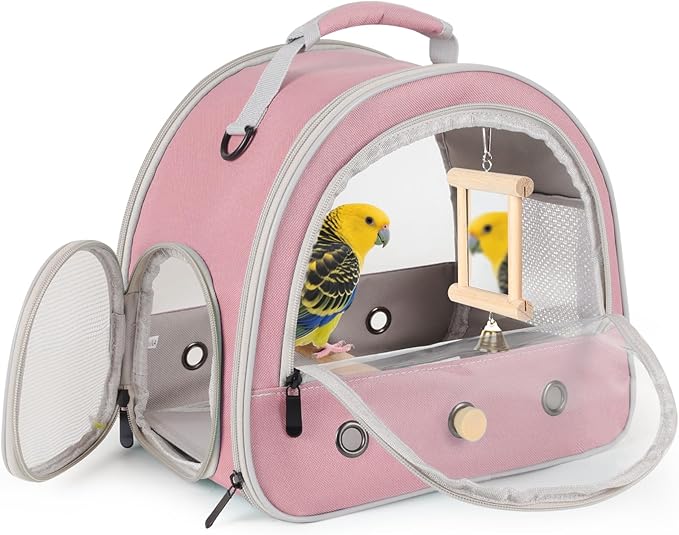 Parrot Travel Cage with Bird Cage Bells Mirror Set,Portable Small Bird Parakeet Bag with Standing Perch and Comfy Mat Bird Carry Transport Bag with Clear Window Vet Visit Shopping