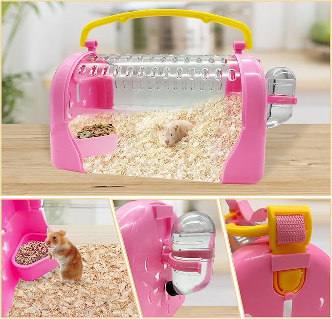 kathson Hamster Cage Travel Carrier Portable Cage with Water Bottle Outgoing Cage and Adjustable Strap Pet Cage for Small Pet Hedgehog Sugar Glider Squirrel Mice（Pink）