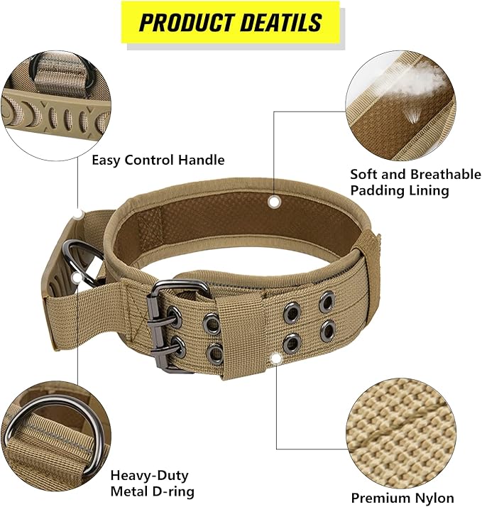 Tactical Dog Collar with Handle - Military Adjustable Dog Training Collar Soft Nylon and Heavy Duty Metal Buckle for Medium Large Dogs - with Patch (Black with Patch, Medium)
