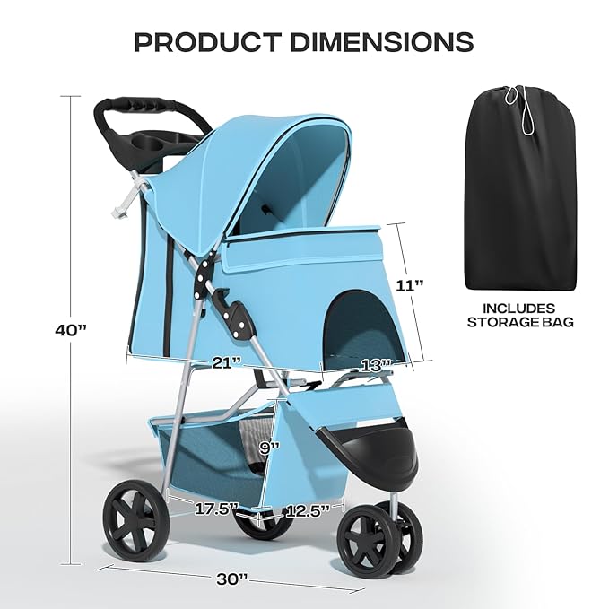 Pet Stroller for Small Dogs 10 lbs, Dog Stroller for Medium Dogs 30 lbs, Cat Strollers for 2 Cats, 3 Wheels Foldable Jogger Puppy Stroller with Storage Basket and Cup Holder, Mint