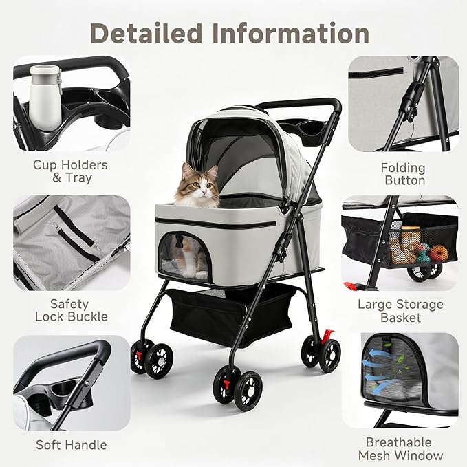 Pet Stroller for Small Dogs and Cats with 4 Wheels, 3 in 1 Foldable Dog Stroller with Detachable Carrier, Breathable Mesh, Storage Basket & Cup Holder, Up to 33 lbs