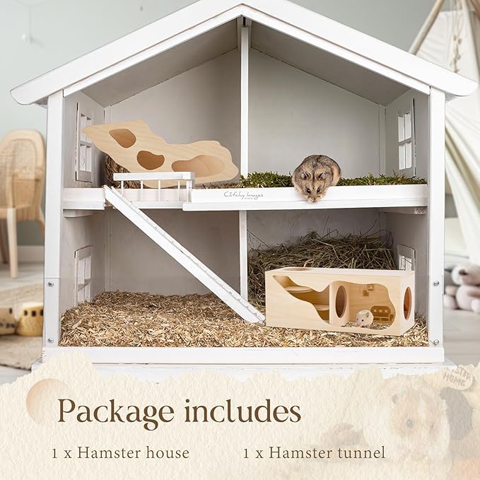 Seenelling 2 Pcs Hamster Hideout Set House and Tunnel, Exploring Tunnel with Climbing Ladder, Secret Observe Shed for Syrian Hamsters, Gerbils, Hedgehogs, Rats, Mice, Small Animals Pets Toys
