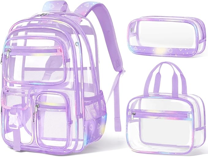 Fimibuke Clear Backpack for Girls, 3PCS Heavy Duty PVC Transparent Girls Backpack with Lunch Box & Pencil Case School Stadium Approved Cute Toddler School Bookbag for Preschool Kindergarten Elementary