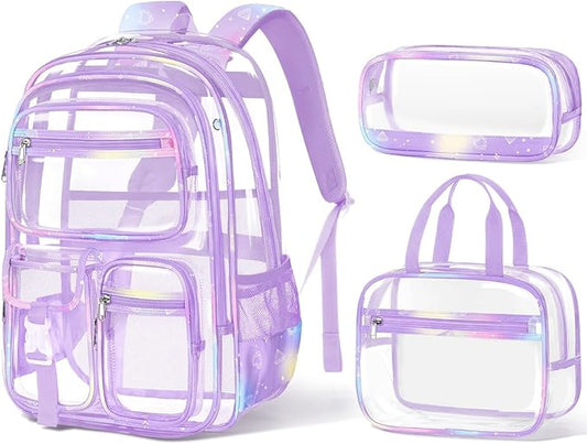Fimibuke Clear Backpack for Girls, 3PCS Heavy Duty PVC Transparent Girls Backpack with Lunch Box & Pencil Case School Stadium Approved Cute Toddler School Bookbag for Preschool Kindergarten Elementary