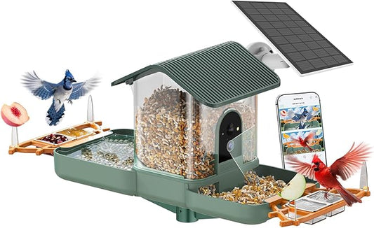 Dual-Lens Bird Feeder with Camera & Bird Bath Combo, Watch Birds Eat & Bathe with WiFi 2K HD Video, Auto Record, AI Recognition, APP Alerts, Solar Powered, for Backyard Garden Porch Fence Decor