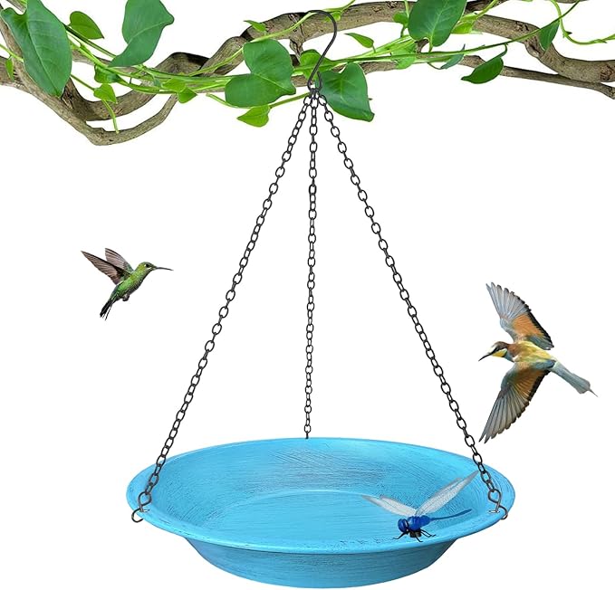 Hanging Bird Bath for Outdoors,11.4 inch Birdbath Bowl Window Birds Feeders with 13.5 in Rust-Proof Black Chains Metal Hanging Birds Feeder for Garden Backyard Decor Vintage Blue