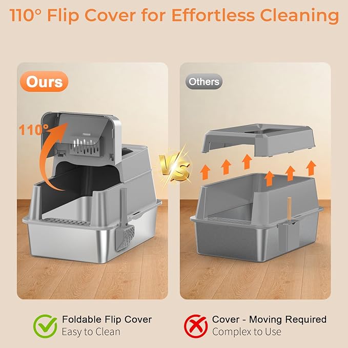 URPOWER Stainless Steel Cat Litter Box with Flip-Top Lid Extra Large Enclosed Litter Box Non-Sticky Metal Pan with High Sided & Scoop, Odor Free, Front & Top Entry, Anti-Leakage, Easy Cleaning