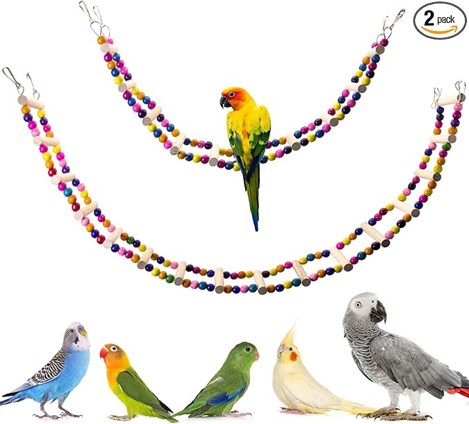PINVNBY 2 PCS Extra Large Bird Ladder Toys, Wooden Parakeet Swing Toys with Colored Beads, Bird Cage Accessories for Parrot Macaws African Greys Conure Cockatiel (25.6''-10 Steps and 39.3''-18 Steps)