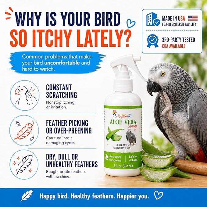 Aloe Vera Bird Spray for All Birds – Soothes Itchy Skin & Feather Plucking – 8oz Odor-Free Mist, Safe if Ingested, Daily Use Bird Mist, Softens Feathers, Natural Formula – Made in USA by UnRuffledRx™