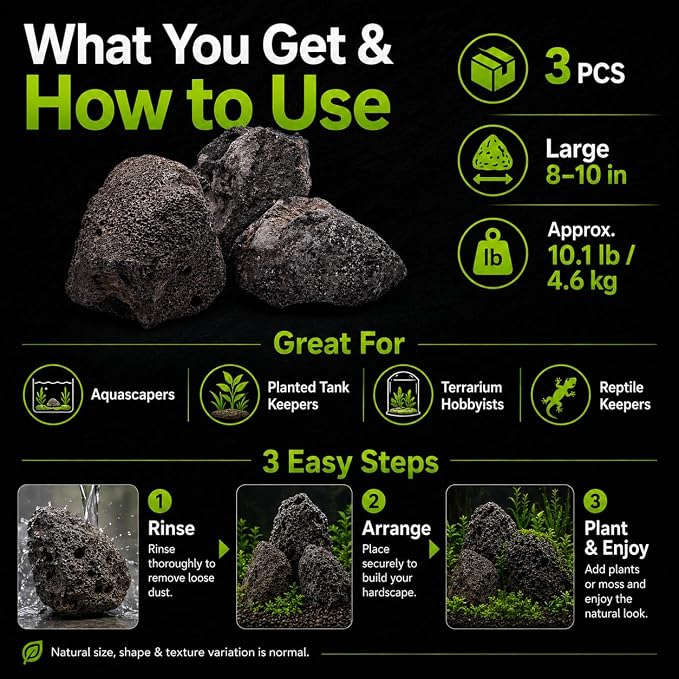 8–10 Inches Natural Black Lava Rocks, 3 PCS Large Aquarium Stones for Aquascaping, Fish Tank Centerpiece Decor, Planted Tanks, Terrariums & Reptile Habitats (Large 8–10 in)