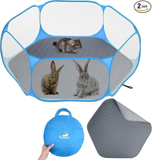 Pawaboo Small Animals Playpen with Pad, Waterproof Small Pet Cage Tent with Reusable Pad, Portable Outdoor Yard Fence for Chick/Kitten/Puppy/Guinea Pig/Rabbits/Chinchillas, Blue+Gray