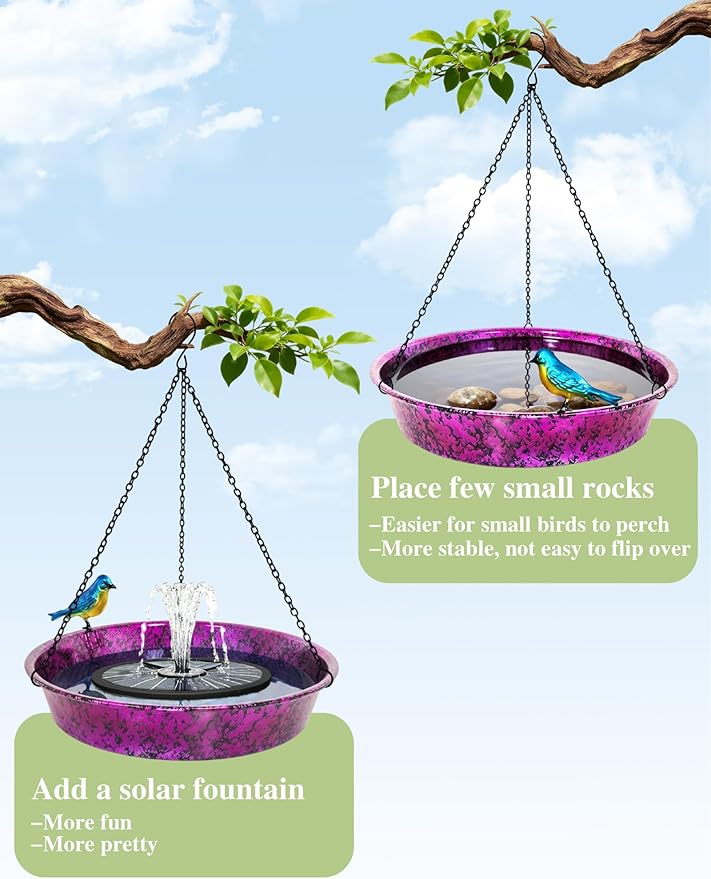 Hanging Bird Bath for Outside, 11.5” Metallic Purple & Blue Metal Birdbath Bowl & Feeder with Black Chain Outdoor Garden Yard Decor