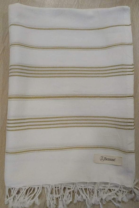 Bersuse Towels Anatolia XL Beach Blanket Throw Blanket Turkish Towel 100% Cotton Extra-Large Quick-Dry Lightweight Premium Peshtemal Towel - 61x82 Inches, White Gold