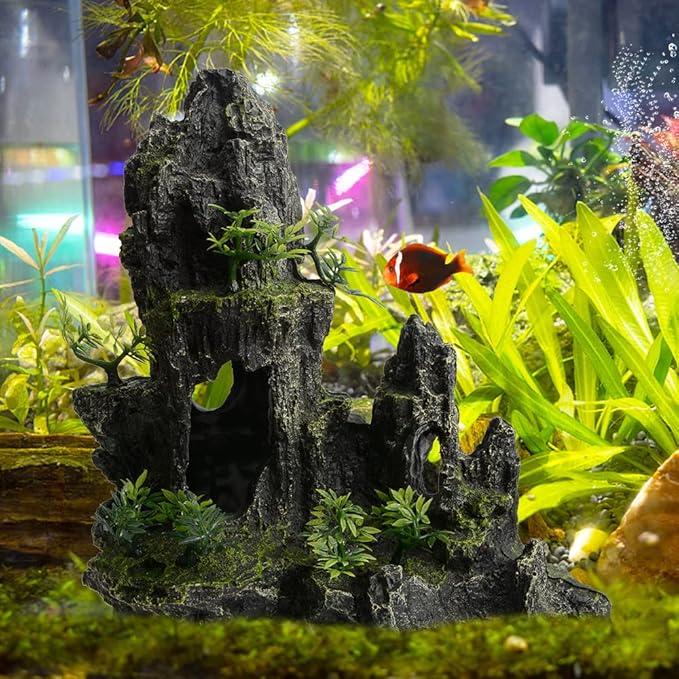 Saim Large Aquarium Mountain View Stone 11.02" Tall Resin Cave Ornament – Betta Hideout with Artificial Plants, for Cichlids Goldfish, Multi-Cave Aquascape Fish Tank Accessories