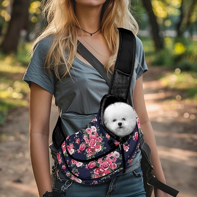 FUSURIRE Pink Flower Printed Pet Sling Carrier for Small Dogs and Cats,Floral Puppy Carrier Front Backpack with Adjustable Strap Breathable Travel Bag Mesh Outdoor Dog Carrier Front Pack