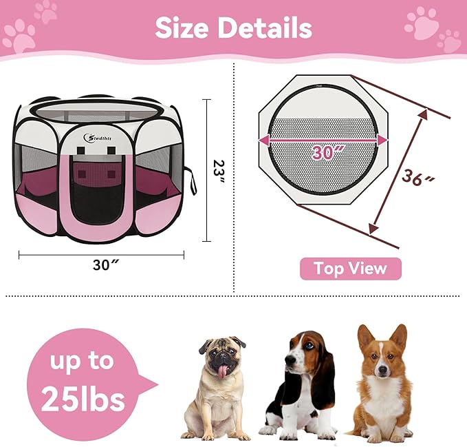 Siedihit Pink Puppy Playpen for Middle Dog Cat, Dog Tent Crates Cage Indoor/Outdoor, Portable Pop Up Dog Kennel with Carrying Bag for Rabbits, (Pink, Medium)