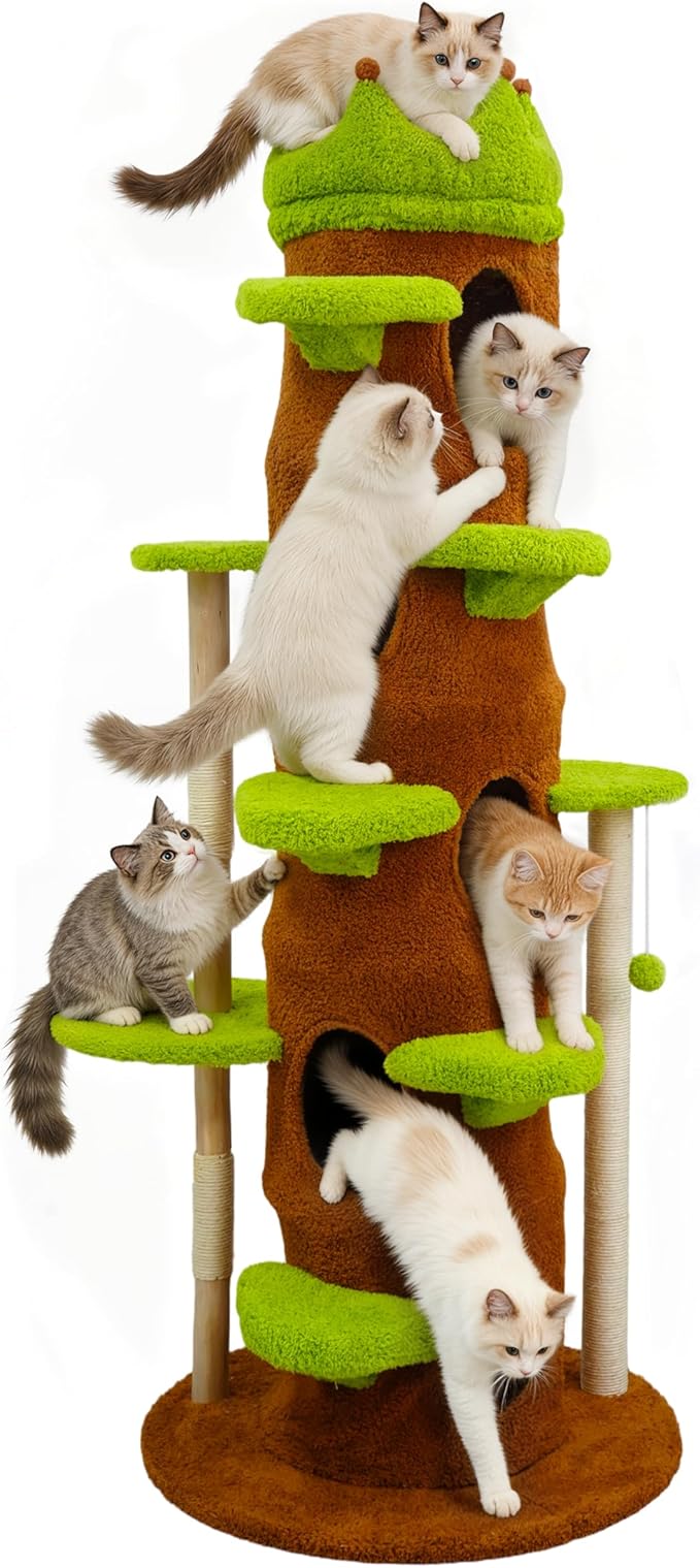 Modern Cat Tree Tower: 73.6” Tall Cat Tree for Indoor Cats Large Adult with Sisal Scratching Post - Extra Large Heavy Duty Wooden Green Cat Tree with Plush Condo