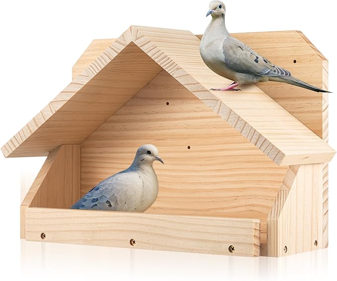 Briwooody Wooden Open Mourning Dove Nesting Box for Outside Dove Bird House 14 H x 10 W x 5.3 L Inches Bird Nesting and Roosting Platform Hanging Birdhouse Garden Decoration (Triangular Roof, Brown)