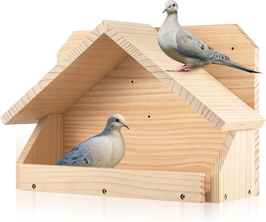 Briwooody Wooden Open Mourning Dove Nesting Box for Outside Dove Bird House 14 H x 10 W x 5.3 L Inches Bird Nesting and Roosting Platform Hanging Birdhouse Garden Decoration (Triangular Roof, Brown)