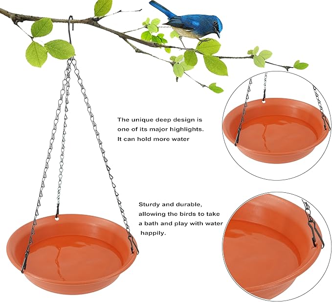VUWEZ Hanging Bird Bath, Hanging Bird Water Feeder for Outdoors, Feeder Bowl, 1 Pack Birdbath Tray Accessories for Outside, Plastic Birdbaths Tray for Garden Patio Decoration (8", Terra Cotta)