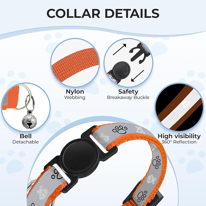 Cat Collar Breakaway, Reflective Kitten Collar with Bell, Safety Buckle Kitten Collar, Lightweight, Adjustable, Comfortable, Suitable for Boy Girl Cats (7"-13") Orange