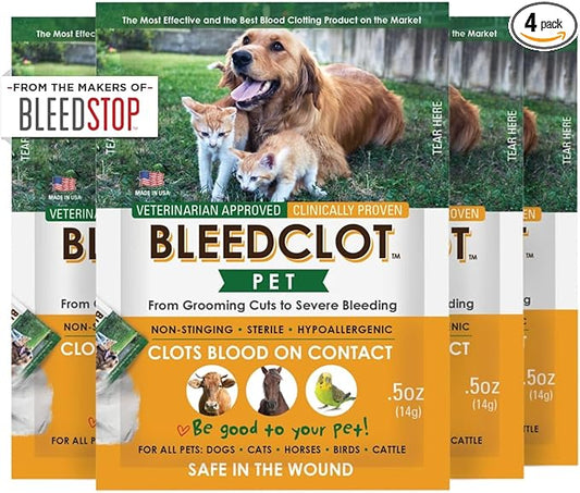 First Aid Blood Clotting Powder | The Best for All Animals to Stop Bleeding, Guaranteed | for Minor Cuts and Severe Arterial Bleeding | from The Makers of BleedStop (4 Pouches (0.5 oz))