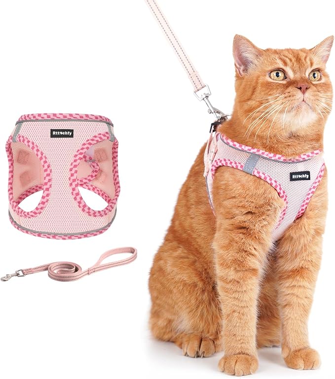 Rttochfy Cat Harness and Leash Set, Escape Proof Kitten Harness, Soft and Breathable Vest with Reflective Strip, Easy to Wear for Cats Walking and Traveling (Pink, L)
